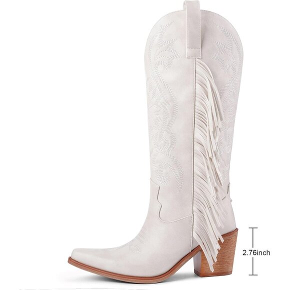 Women's Beige Pointed Toe Wide Calf Fringe Cowgirl Knee High Chunky Heel Boots - Picture 6 of 8